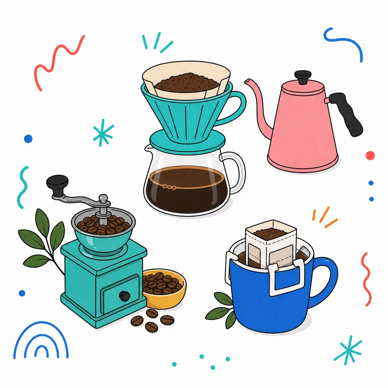コーヒー豆、ハンドドリップ、ドリップバッグのイラスト