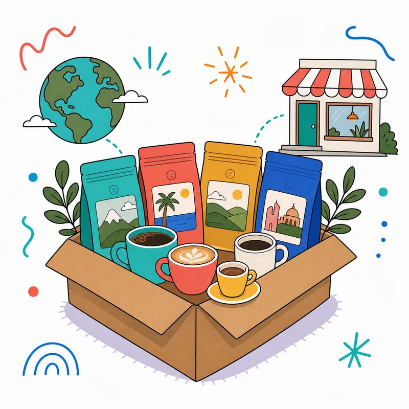 世界中のコーヒーとロースターのコーヒーが入った定期便ボックスのイラスト