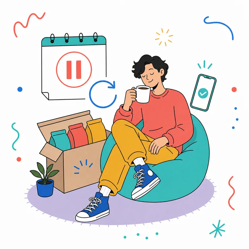 コーヒー定期便をスキップ・管理しながら楽しむ人のイラスト